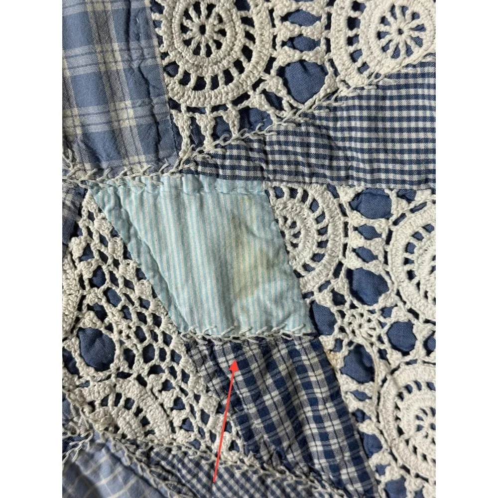 Vtg Handmade Blue Patchwork Crazy Quilt Crochet Lace Gingham Cottagecore READ